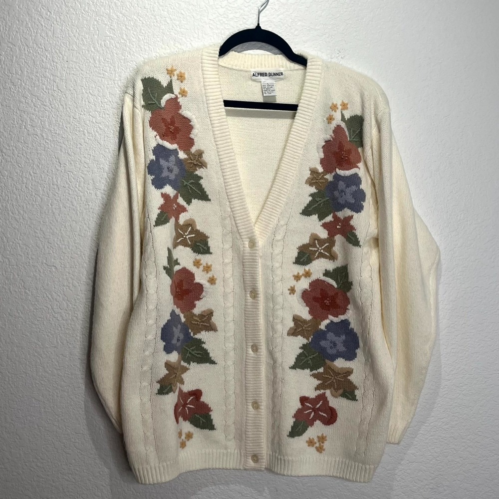 Vintage Alfred Dunner Cardigan Sweater Womens Large Cream Floral Cable‎ Knit